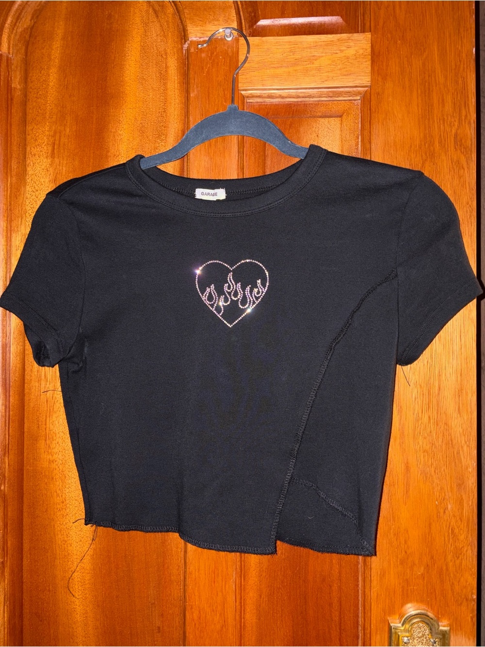 Garage Black Rhinestone Heart Flame Crop Top